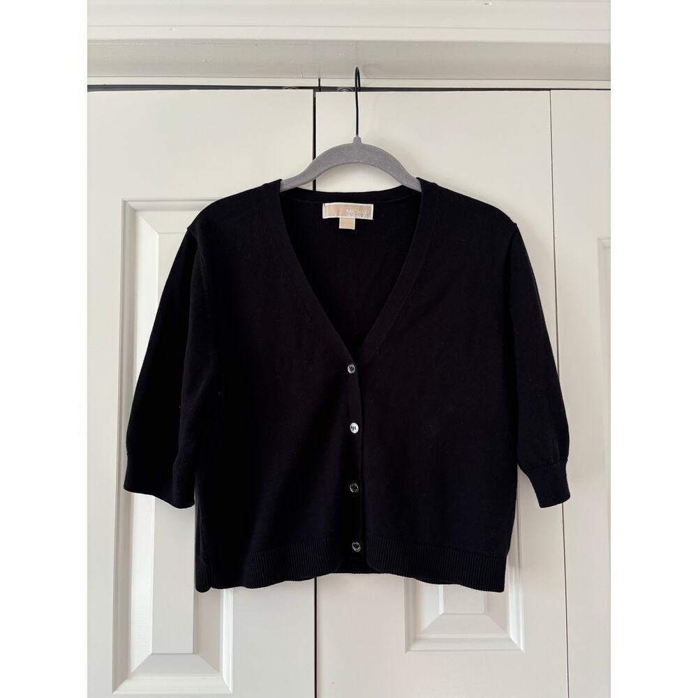 Michael Kors Cardigan Womens Large Black 3/4 Sleeve Button Front Knit Sweater - Picture 2 of 6